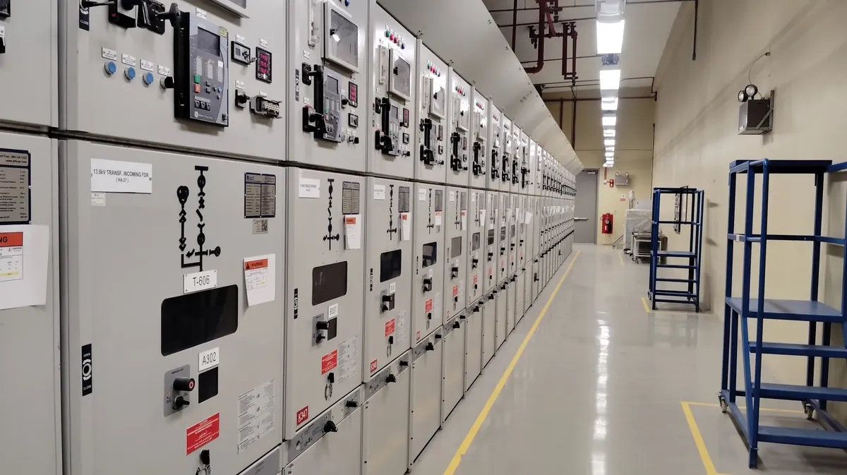 Long row of control panels in an industrial electrical control room, well-lit and spacious.