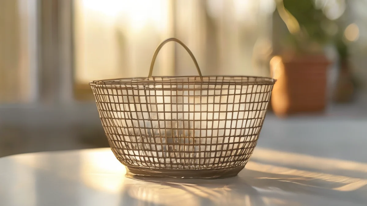 Bassin en fil avec intérieur en maille, cadre en métal, finition gris, sur une table blanche sous la lumière de l'heure dorée, champ de profondeur faible, photoréaliste, focus aiguisé, détails élevés