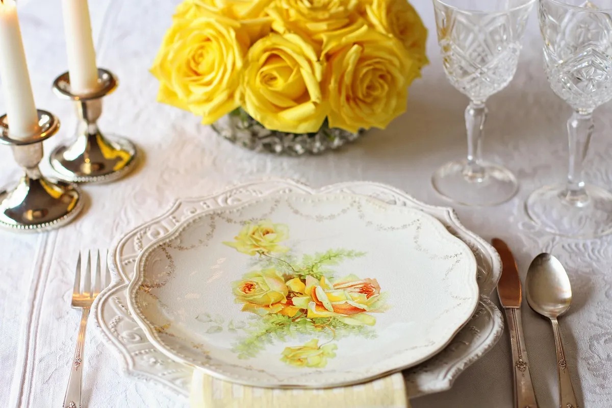 table setting, place setting, vintage, vintage china, roses, setting, place, table, happy mothers day, dinner, plate, dining, restaurant, silverware, formal, lu