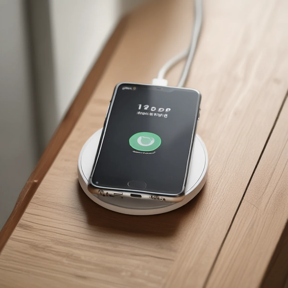 Ein Smartphone liegt auf einem runden kabellosen Ladepad