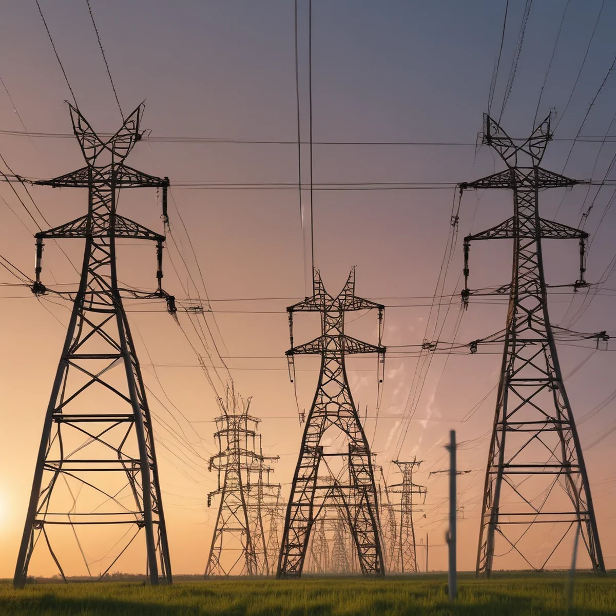 Torres de treliça de aço transportando cabos elétricos em um campo aberto