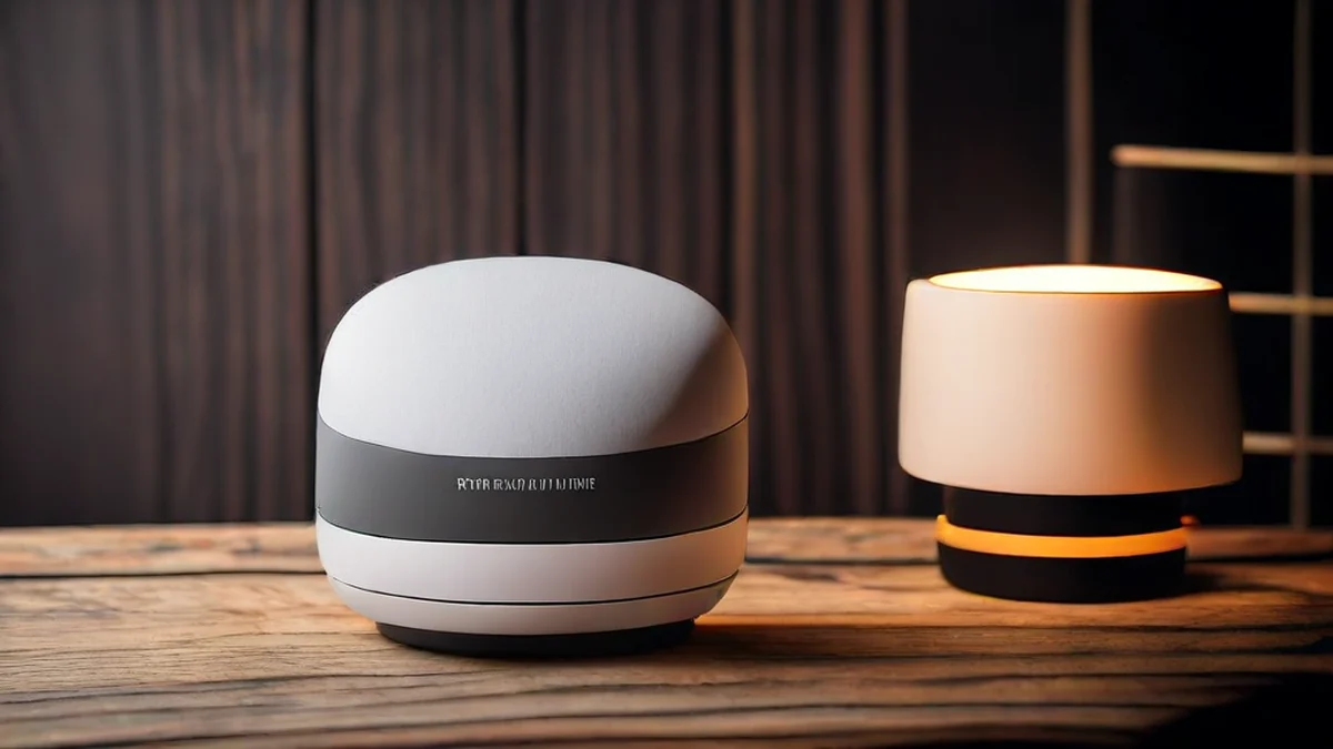 Een white noise machine op de nachtkastje, uitgezet met een constante geluid.