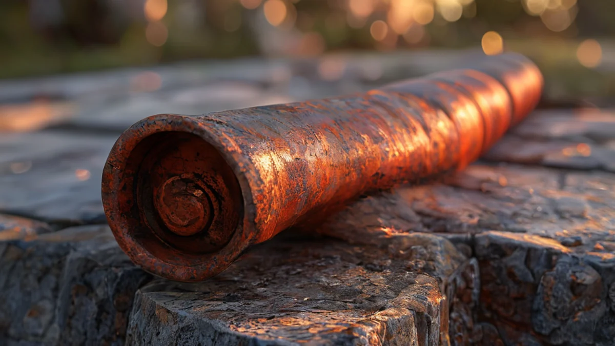 Wrought iron pipe with a smooth, dark surface and a cylindrical shape.