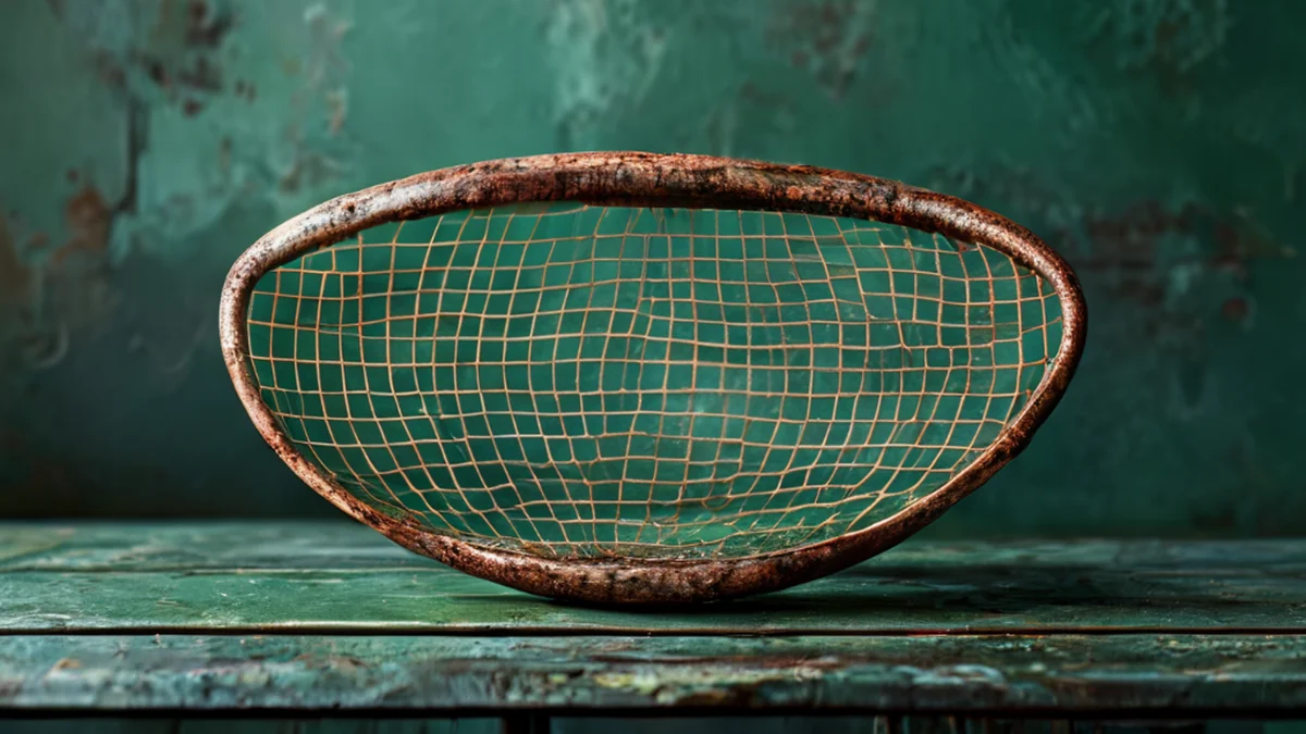 A single, rusted, oval goal net washer, centered on a steel table, with a weathered steel texture, a green oxide finish, clean studio softbox, shallow depth of field, photorealistic, sharp focus, high
