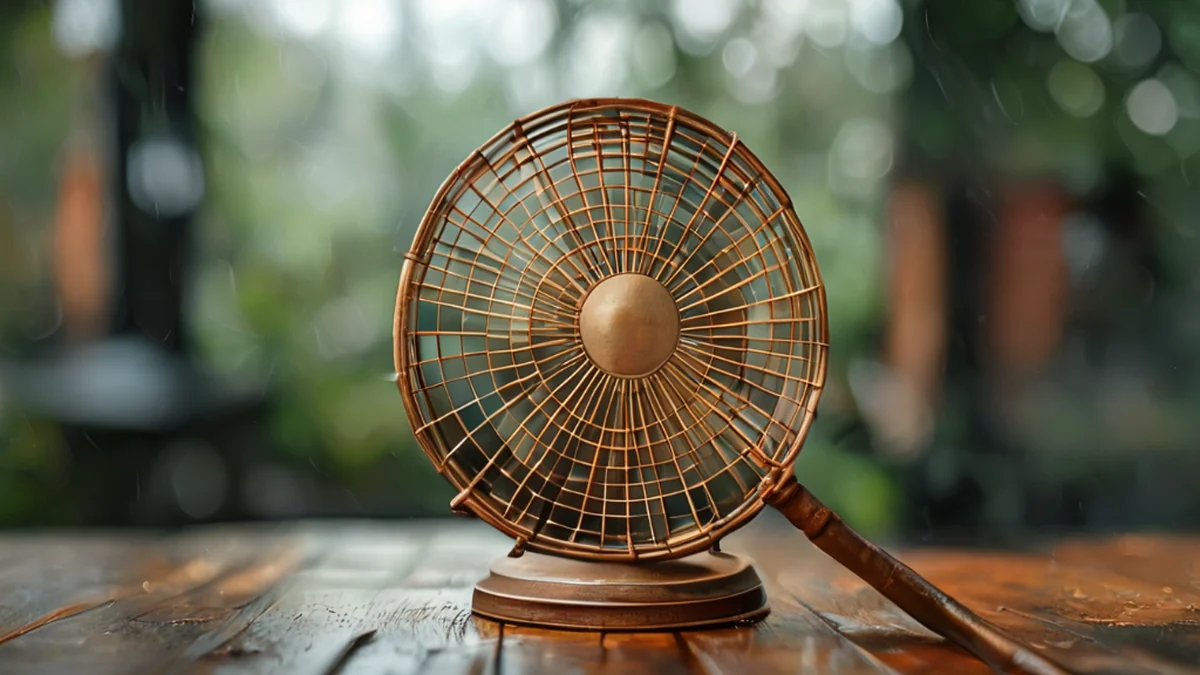 Een ijzeren fan gebruikt in een traditionele Chinese oper, met complexe patronen en een metaalachtige glans.