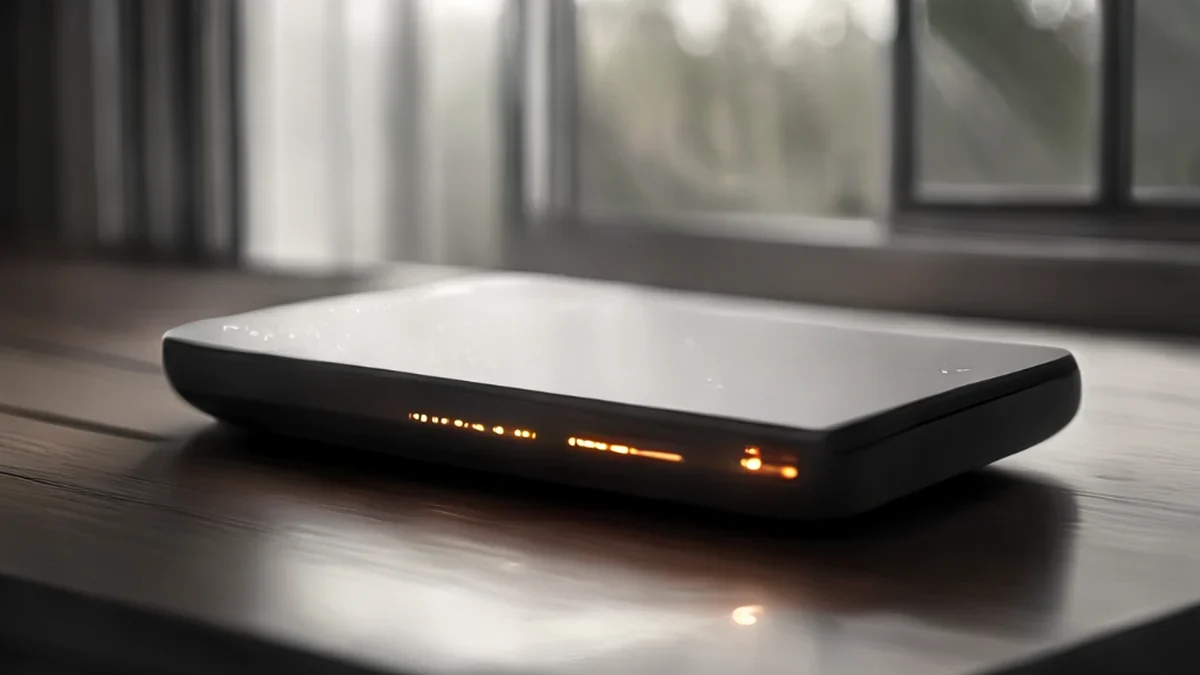 Rectangular router with LED lights, metallic finish, industrial design