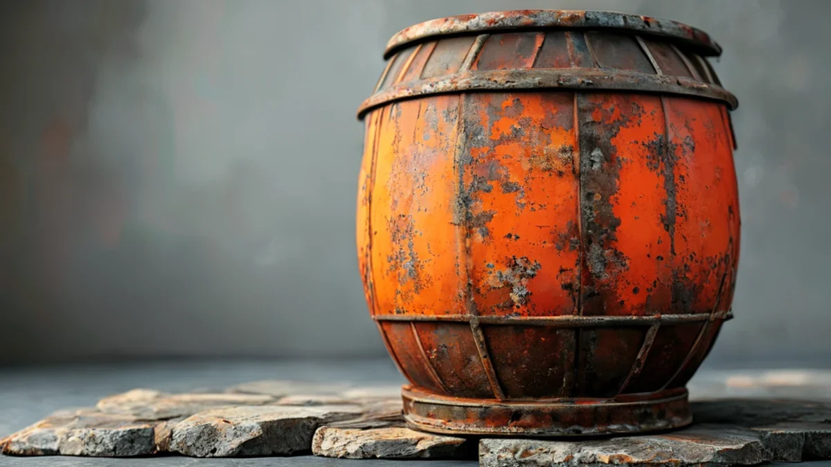Rusted wine vat with rough, oxidized surface