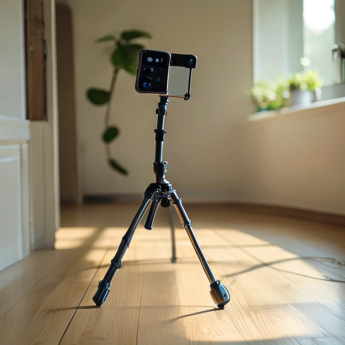Smartphone fissato a un tripode per un video di danza